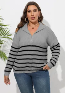 Große Größen Damen Reißverschluss gestreifter Pullover lässig Langarm Grau Top neu