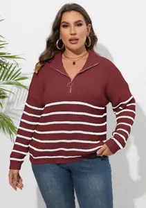 Übergröße Viertelreißverschluss gestreifter Pullover für Damen, bequemes langärmliges Oberteil.
