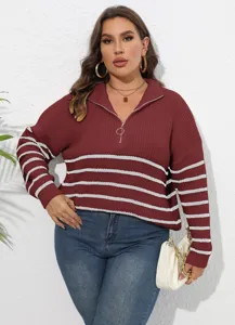 Damen Plus Size Pullover Halb RV Gestreift Langarm Strick Pullover Winter Warmer Casual Top