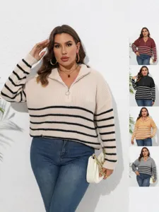 Damen Casual Übergröße Gestreift Rollkragen Halb Reißverschluss Langarm Lose Strickpullover Pullover Winter Mode Bekleidung