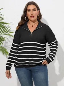 Große Größen Damen schwarz weiß gestreifter Reißverschluss Strickpullover Oberteil