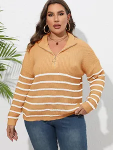 Große Größen Damen gestreifter Strickpullover mit Reißverschluss Rollkragen langarm