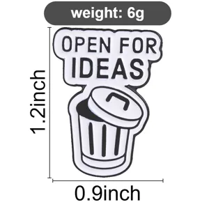 Whimsical white trash can enamel pin featuring Open For Ideas text badge for backpacks