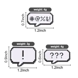Detailed size and weight specs for pixel speech bubble pins with game symbols.
