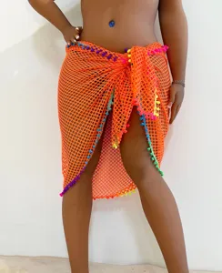 Große Größen orange Netz Strand Sarong Wickelrock mit bunten Bommeln und Fransen F786