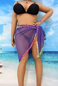 Große Größen Strand Bikini Überwurf lila Netz Wickelrock bunte Pompons Fransen Sarong
