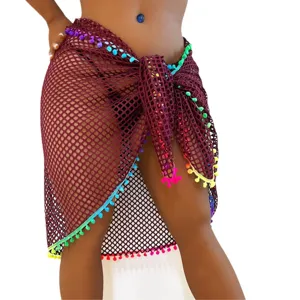 Plus Size Strand Bikini Cover Up Sarong bunte Pompons Netz Wickelrock für Damen Sommer.