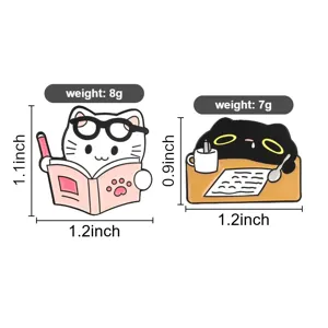 Detail of cute cartoon cat enamel pins showing dimensions and weight for student backpacks