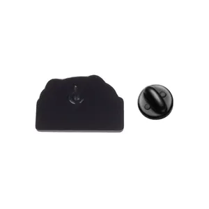 Detailed back view of the cat enamel pin showing the needle and black rubber clutch