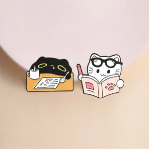Cute Cartoon Reading Cat Zinc Alloy Brooch Set Reading White Black Cat Metal Enamel Pin Student Backpack Accessory Clothing Lapel Pin Jewelry