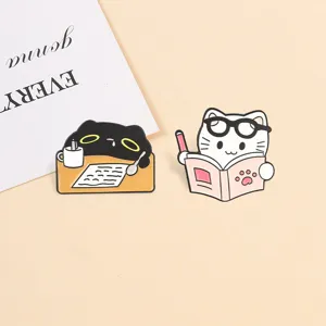 Cute cartoon black and white reading cat enamel lapel pin badges set for backpacks