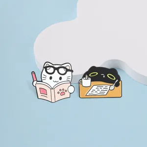 Cute cartoon cat enamel lapel pins with reading white cat and sleeping black cat