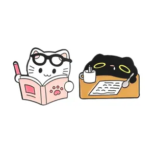 Cute cartoon black and white cat metal enamel brooches for schoolbags