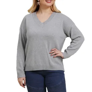 Women Casual Solid V-Neck Long Sleeve Knit Pullover Sweater Loose Warm Autumn Winter Top
