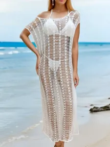 White crochet beach cover-up dress, off-shoulder knitted bikini swimwear maxi dress.