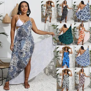 Plus Size Damen Strandkleid Sommer Gedruckt Sarong Wickel Unregelmässig Slip Langes Kleid Casual Urlaub Maxi Kleid