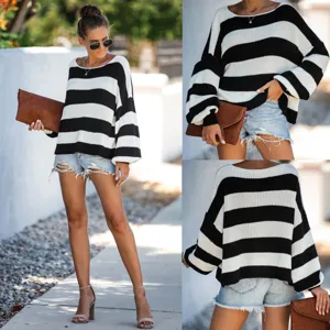 Detailed close-up view of a casual black and white striped off-shoulder knit sweater for women.