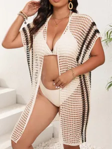 Plus Size Crochet Beach Cover Up Open Front Contrast Color Knit Cardigan For Women