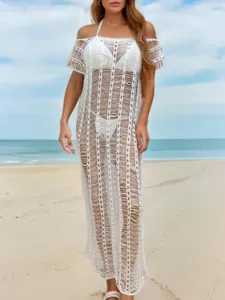 White hollow-out beach cover-up dress, off-shoulder knit swimsuit tunic for vacation.