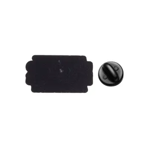 Detailed back view of a black metal sarcasm brooch with a rubber clutch fastener