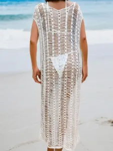 White crochet beach cover up dress for women, long hollow knit swimwear swimsuit coverup.