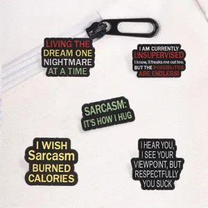 Detailed macro view of funny sarcastic quote enamel pins on a white canvas backpack