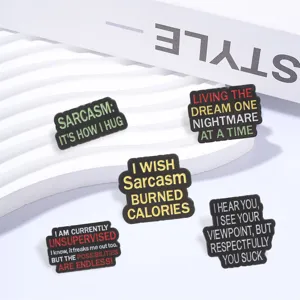 Group of various funny sarcastic quote enamel pins for backpack and jacket decor