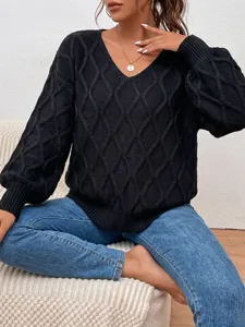 Black V-neck cable knit sweater for women, casual long sleeve pullover top detail view.