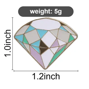 Macro view of a colorful macaron pastel diamond-shaped metal brooch with size markings.