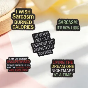 Close-up detail of funny sarcastic enamel pins with colorful English letter quotes