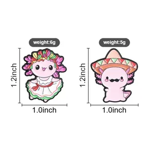 Detail showing Mexican style axolotl enamel pins with dimensions and weight information