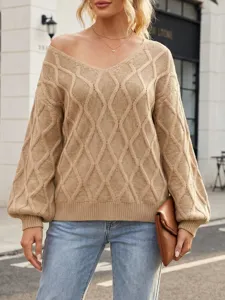 Chic V-neck lantern sleeve knitted sweater, stylish casual autumn inner wear top.