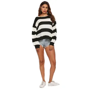 Women black white striped off-shoulder loose long sleeve casual knitted sweater top detail
