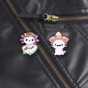 Detailed view of cute Mexican style axolotl enamel pins on a black leather jacket