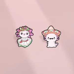 Mexican style axolotl enamel pins featuring traditional dress and sombrero cartoon badges.