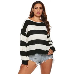 Black and white striped off shoulder knitted sweater casual long sleeve top for women daily wear