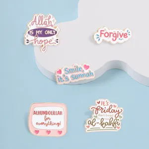 Set of 5 pastel Islamic enamel pins with inspirational English quotes for clothes