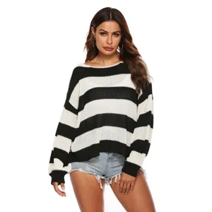 Casual black and white striped knitted sweater for women, comfortable long sleeve top.