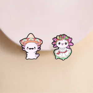 Cute Cartoon Axolotl Zinc Alloy Enamel Brooch Pins Mexican Style Sombrero Floral Wreath Animals Lapel Badges For Backpack Clothes Unisex Decorative Jewelry Gift