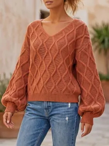 Chic V-neck cable knit sweater for women, loose long lantern sleeve pullover top for daily wear.