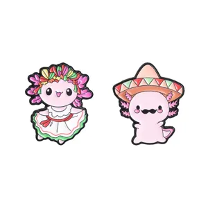 Cute cartoon Mexican style axolotl enamel pins set with sombrero and traditional folk dress