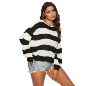 Women's black and white striped long sleeve loose casual knit sweater top for daily wear.