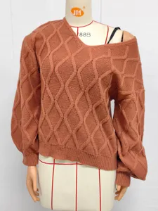 Women off shoulder V neck knit sweater casual loose long sleeve diamond patterned pullover top
