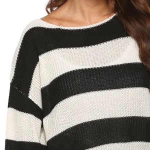 Detailed view of the black and white striped off-the-shoulder loose knit sweater for women.