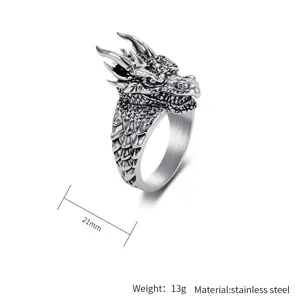 Vintage roestvrijstalen drakenring voor heren, punk gothische drakenkop detail en maat.