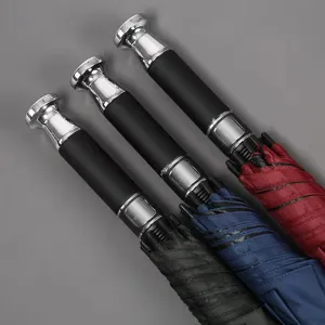 Premium long-handled straight pole business umbrellas in black, blue, and red colors.