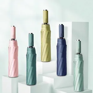 Minimalistische Volautomatische Opvouwbare Paraplu Sterke Ijzeren Baleinen Zon Anti UV Zwarte Coating Regendichte Compacte Paraplu