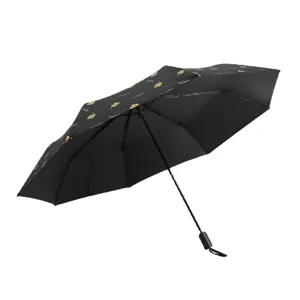 Elegant black UV-protection three-fold folding umbrella with gold lucky clover pattern design