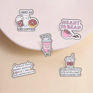 Funny Coffee Theme Enamel Pin Zinc Alloy Brooch Cute Cat Donut Iced Coffee Pun Badge For Backpack Denim Jacket Decor Gift