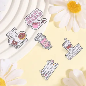 Set of cute coffee enamel pins with funny puns and cat illustrations for backpacks.